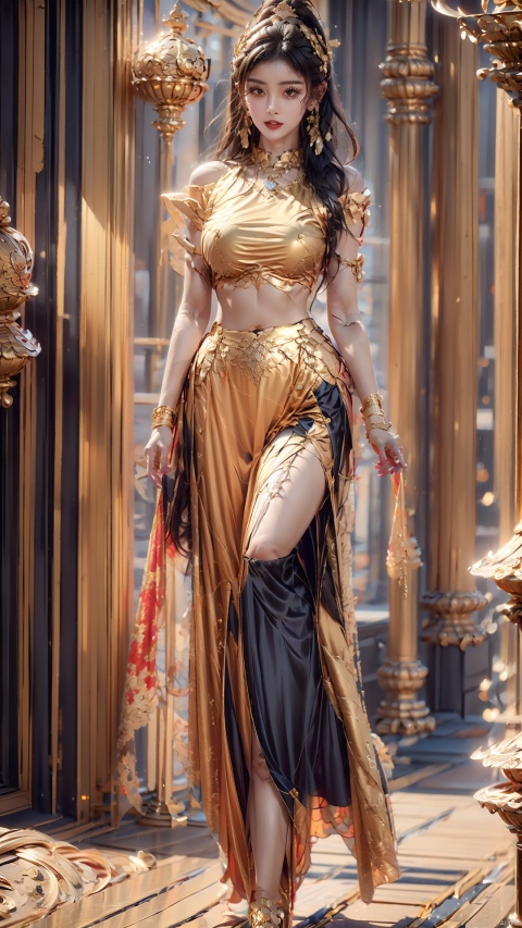  1girl,(huge breasts:1.2, long legs), solo, long_hair, black_hair, brown_eyes, jewelry, standing, full_body, earrings, parted_lips, necklace, black_footwear, high_heels, bracelet,ring,(gold armor,long skirt),moyou,Punk, dunhuang,Chinese dress