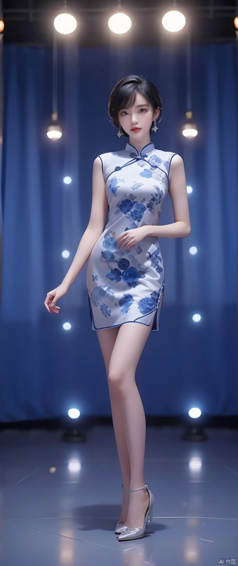  duotone blue and white,1girl, cheongsam,short hair,earrings, blurred background, lighting,full body shot,stand,(high heels)