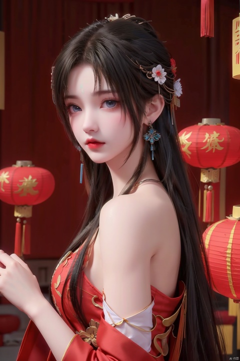  1girl, bare_shoulders, black_hair, blue_eyes, chinese_clothes, chinese_new_year, curtains, dress, earrings, jewelry, lantern, lips, long_hair, looking_at_viewer, oil-paper_umbrella, paper_lantern, red_background, red_dress, red_theme, solo