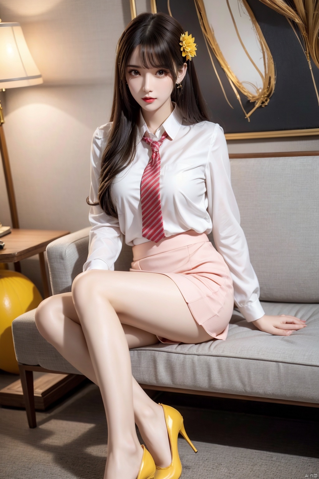  (2girls), multiple girls, high heels, brown hair, necktie, sitting, skirt, pantyhose, shirt, couch, long hair, cup, realistic, indoors, office lady, jacket, flower, white footwear, hair flower, pencil skirt, formal, suit, hairband, white shirt, legs, pillow, holding, bag, blurry, collared shirt, skirt suit, hair ornament, pink skirt , 1girl,high_heels,yellow_footwear,pencil_skirt,handbag,polka_dot_legwear