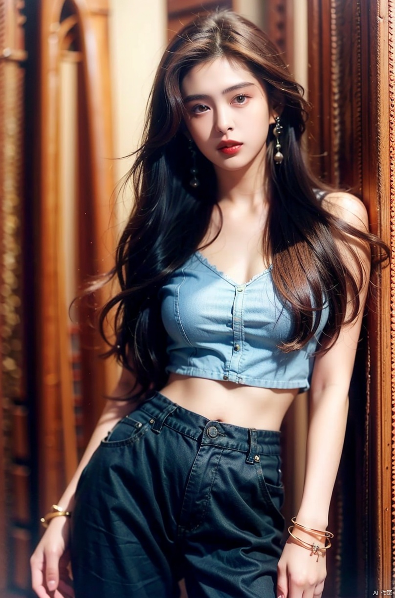  1girl, jewelry, earrings, solo, lipstick, black_hair, long_hair, makeup, red_lips,shirt,fancy brooch,pants, bracelet, black_pants, cowboy_shot, Realistic, masterpiece, highest quality, high resolution,dundar,, dyzgqzm, qingsha, wangzuxian, ((poakl))