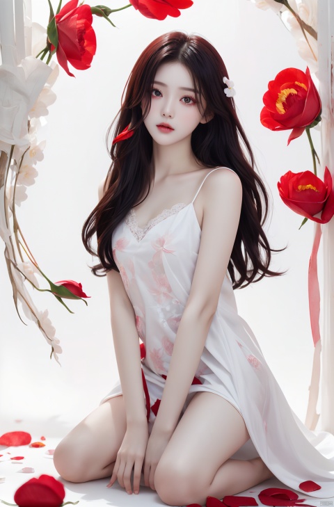  1girl, red eyes, white long translucent night gown, expressionless, (white hair), hair cover one eye, long hair, red hair flower, kneeling on lake, blood, (plenty of red petals:1.35), (white background:1.5), dofas, xiaoyixian