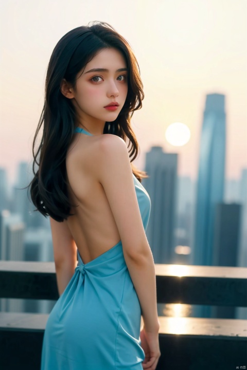  Realistic photography, on the roof of a skyscraper, a 20-year-old girl stands, wearing a slim black dress, looking straight into the camera. Behind her, numerous skyscrapers stretch into the distance, Canon 5DMarkⅳ, 35MM lens aperture 1.2, background blacked out. A perfect twilight moment, the late afternoon sun casts a warm glow on the girl's face, enhancing the impact of the scene. This photograph captures a quiet and warm feeling, and sharpness and realism make every detail vivid and clear. Straight black hair, over the waist long hair flowing in the wind, backless. Vibrant, breathtakingly beautiful, hip wrap dress\(yedian\), jy
