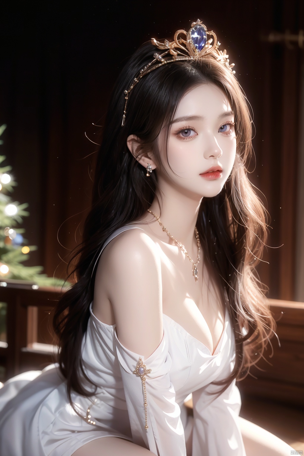  A princess, bust shot, close-up of the figure's head, ice crown, ornament, jewelry, necklace, sapphire, purple stone, noble dress, off-the-shoulder, big eyes, high nose, rosy lips, flowing white long hair and ear chain, just like a princess.White hair, Cleavage,Messy hair,delicate head wearing an ice crown, sparkling, flashing.,huliya, christmas, 1girl,skirt