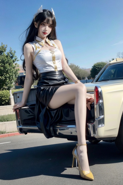  masterpiece, highly detailed, high contrast, the headless man from Sleepy Hollow, ((driving a classic Cadillac convertible)), down a sinister highway, 1girl,pencil_skirt,yellow_footwear,high_heels,handbag
