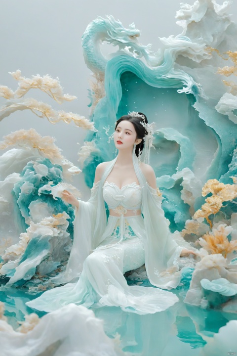  arien_hanfu, mermaid,east dragon,pure white theme,deep in the water,sea,under sea,30 yo lady,large_breasts, guohua, HUBG_Chinese_Jade, Relief style, daxiushan