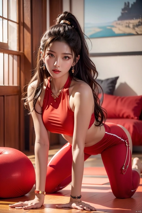  Canon RF85mm f/1.2,masterpiece,best quality,ultra highres,vc,realistic,yoyo,1 girl,(red yoga pants:1.3),Kneeling,(korean mixed,kpop idol:1.2),solo,white_shiny_skin,black eyes,necklace,brown_long_wavy_hair,red_shiny_lips,eyelashes,bangs,aface,make-up,shiny,Pore,skin texture,bracelet,offshoulder,see-through,big breasts,