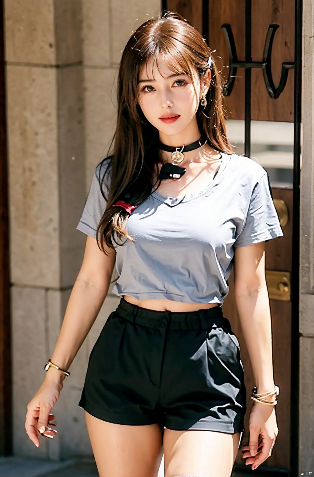  nai3, 1girl, peafect body,shorts, solo, black shorts, choker, blue eyes, black hair, shirt, , looking at viewer, white shirt, jewelry, cowboy shot, , short shorts, , black choker, thighs, stomach, long hair, bracelet, short sleeves, ribbon, collarbone, hair ribbon, standing, high-waist shorts, 
dolphin shorts, , closed mouth, hair ornament, 
, bangs, necklace, kind smile,,molika,brown-hair