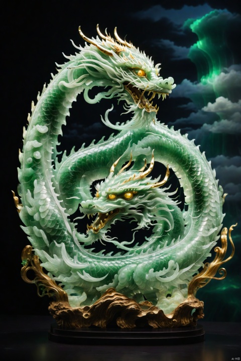  a large dragon,made of jade,(Eyes glow:1.3),(eyes with emit laser light,Laser light emitted from both eyes,eyes with blue light, feicuixl,clouds,glowing