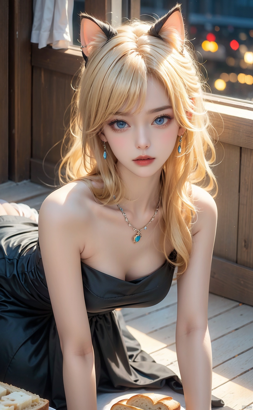  1Girl, blue eyes, Cat's ears (Steamed cat-ear shaped bread),Crawling on all fours, earrings, necklace, jewels, cat whiskers, black gray dress, lights, night, blonde hair