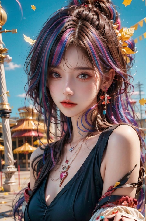  1girl,Bangs, off shoulder, colorful_hair, ((colorful hair)), yellow eyes, chest, necklace, earrings, floating hair, jewelry, sleeveless, very long hair,Looking at the observer, parted lips, pierced,energy,electricity,magic,tifa,sssr, , , AImote
