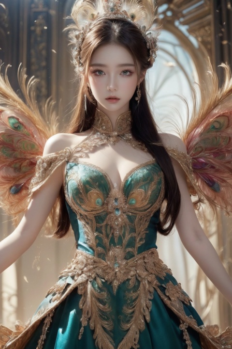  (Hyper Real), (illustration), (high resolution), (8K), (Very detailed), (Best Illustration), (Beautiful detailed eyes), (Best quality), (Super detailed), (Masterpiece), (the wallpaper), (Detailed face), Solo, (Dynamic pose), 1girl,jewelry,dress,wings,dress,crystal,Peacock feathers,1 girl,yuyao