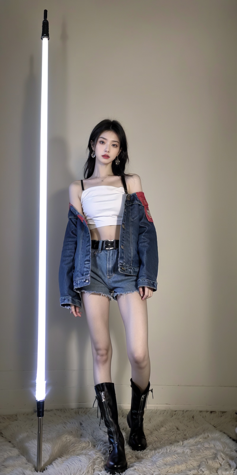  1girl, solo, navel, tattoo, jacket, midriff, belt, pants, holding, lightsaber, boots, energy sword, blue jacket, looking at viewer, full body, jewelry, standing, earrings, multicolored hair, off shoulder, black hair, denim jacket, nail polish, crop top, black footwear, fishnets, bare shoulders, shorts,jyy-hd