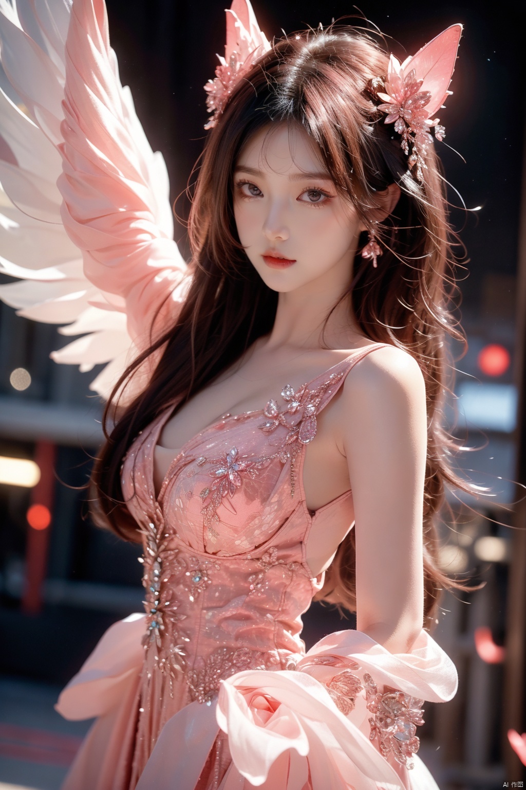  (aerial view,view of city),1girl flying in air,beautiful cute crystal girl in 26 years old, wearing crystal wear, the crystal is evil, black and pink and red glowing crystal, crystal pink hair, the power is every wear, she is evil but cute, the crystal is evil and glowing black and pink and red colors, detailed evil eyes,she has a serious expression and her lips are closed glowing crystal wear, (incredible details, cinematic ultra wide angle, depth of failed, hyper detailed, insane details, hyper realistic, high resolution, cinematic lighting, soft lighting, incredible quality, dynamic shot,,Hair with scenery,baiyueguangya,huliya