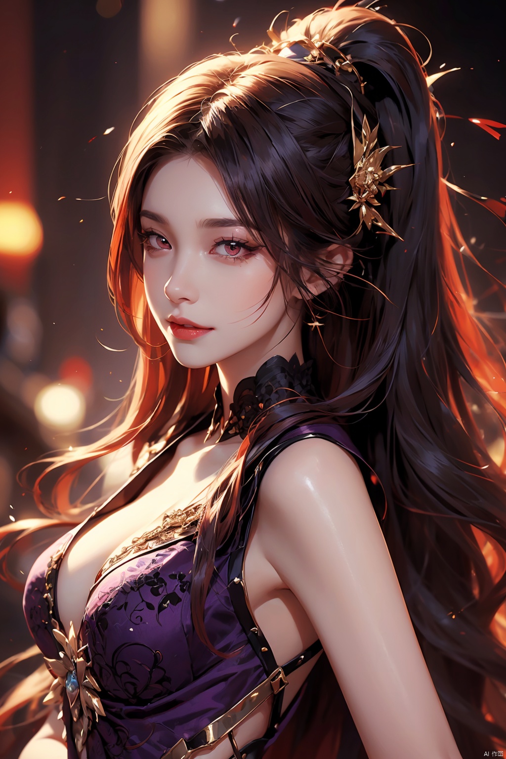  1fale, women, dark purple hair, red eyes, sharp, arrogant, arrogant smile, wearing stylish clothes, fantasy detailed background, detailed body, detailed face, detailed eyes