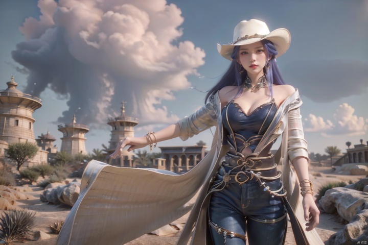  A girl, Big Boobs, belt, American Western architecture, Cowboy Hat, cowboy west, day, Denim, desert, dirty, hat, jacket, jeans, long hair, outdoors, pants, sky, solo, torn clothes, torn jeans, torn trousers, pistols at the waist, holsters,
