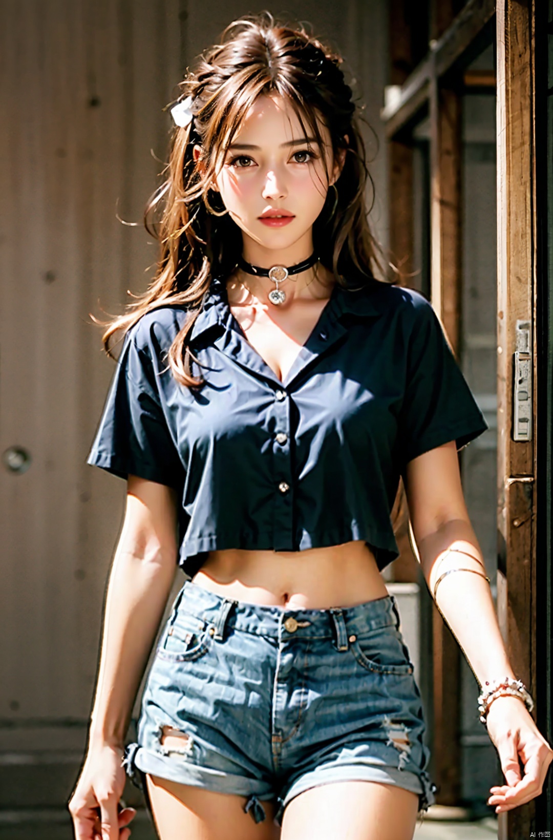  nai3, 1girl, peafect body,shorts, solo, black shorts, choker, blue eyes, black hair, shirt, , looking at viewer, white shirt, jewelry, cowboy shot, , short shorts, , black choker, thighs, stomach, long hair, bracelet, short sleeves, ribbon, collarbone, hair ribbon, standing, high-waist shorts, 
dolphin shorts, , closed mouth, hair ornament, 
, bangs, necklace, kind smile,,molika,brown-hair