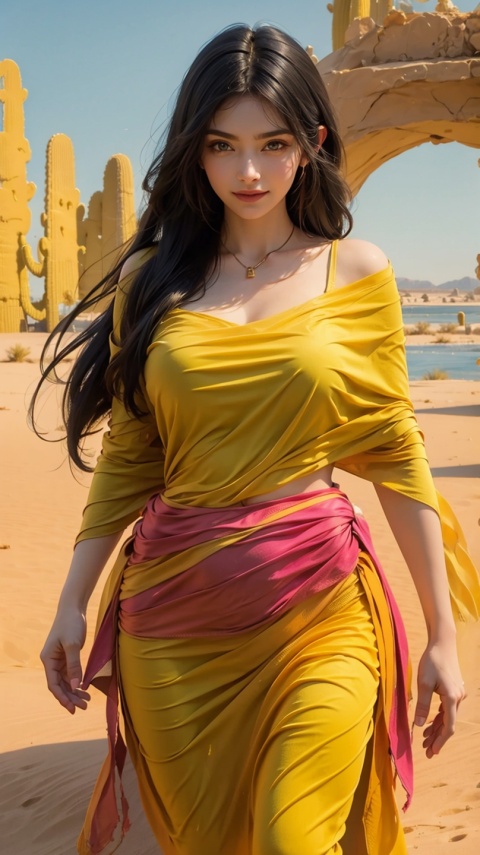  (Best quality, 8k, 32k, masterpiece, UHD: 1.2), full body, facing the audience, with a smile on the expression,
(solo: 1.2), (1Girl), sexy, (big chest: 1.3), long hair, looking at the audience, smiling, perfect body, (tall body),
(Desert: 1.5), (February: 1.3), very beautiful background,
Yellow satin top, half skirt,
water