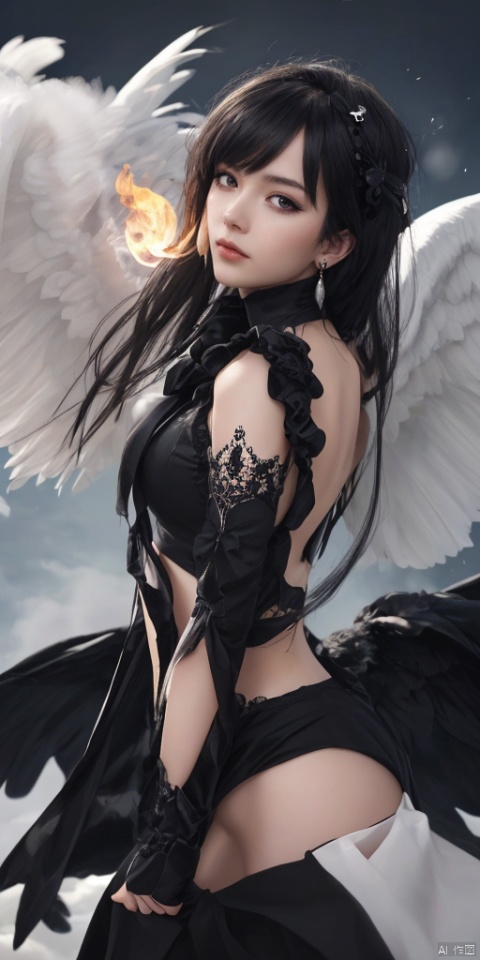  1girl, solo, short hair, simple background, black hair, jewelry, earrings, black eyes, lips, portrait, realistic,feathered wings, angel wings, white wings,zj(((masterpiece))),best quality, illustration,beautiful detailed glow,(beautiful detailed eyes), (dark magician girl:1.1),big forhead,flower,large top sleeves,Floating ashes, Beautiful and detailed explosion, red moon, fire,Fire cloud, Wings on fire, a cloudy sky, smoke of gunpowder, burning, black dress, (beautiful detailed eyes),expressionless,beautiful detailed white gloves, Dove of peace, (floating cloud:1.2),azure hair,disheveled hair,long bangs, hairs between eyes, black kneehighs, black ribbon,white bowties,midriff,{{{half closed eyes}}},white_dress