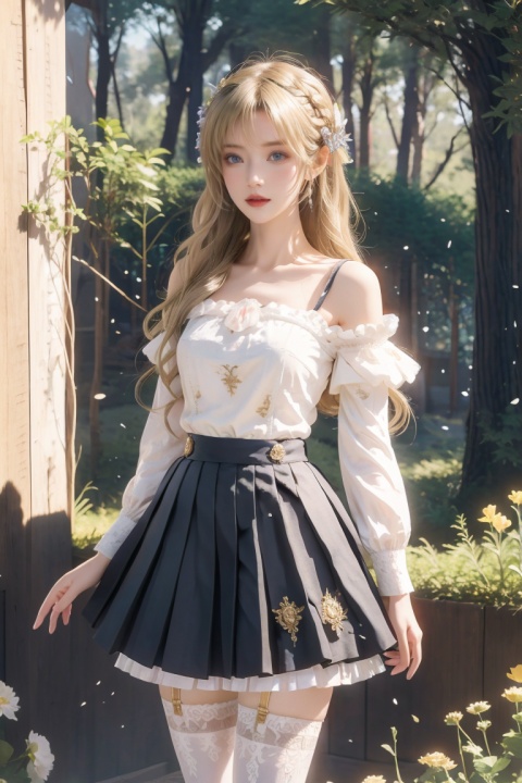  1girl,solo,Lolita, blonde hair, female aristocrat, dreamy, floral decoration, hair accessories, flowers on hair,By this tree,blunt_bangs,floating hair,puffy sleeves,skirt pleats,delicate details,
pastel colors,Beautiful Lighting,highres,dignified,elegant,
,(best quality), (masterpiece), (highres), original, extremely detailed 8K wallpaper, (an extremely delicate),Beautiful face,
long hair,Gold hair,elf,Medium score,laugh, cozy anime, cozy animation scenes,golden_clothes, Navia \(genshin impact\), illugame,Forest_background,blue eyes,full_body,blonde hair,(White knee length stockings), 1 girl