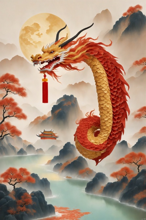  beautiful detailed,Intricate Chinese dragon in vibrant red and gold,long body,folding into a 3D origami tessellation. Serpentine beast with flowing mane and camel-like head soaring through the skies. Body formed by cleverly folded paper squares. Chinese blessing characters run along its length. Dragon flies over a sea of clouds and swirling qi energy. Conveys grandeur, cultural heritage and uplifting spirit. Dynamic folk art style with strong brushwork and embroidery patterns, ink paniting, guofeng, guohua
