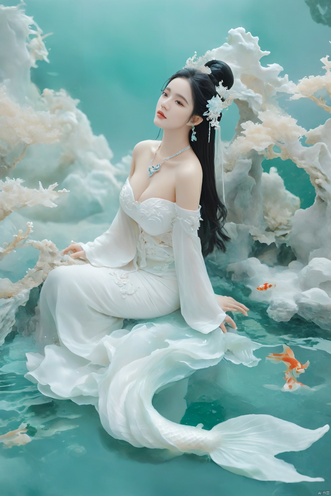  arien_hanfu, mermaid,east dragon,pure white theme,deep in the water,sea,under sea,30 yo lady,large_breasts, guohua, HUBG_Chinese_Jade