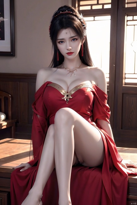  yuanchuangfromtangyuan, 1girl, A beautiful Chinese girl in a red dress poses for a photo,Wearing a bunny girl hair ornament,Beautiful details,Intense light and shadow,A beautiful female body,Willow eyebrows,Meticulous eyes,Flowing skirt,off shoulders,Black collar,Look at the viewer, slim legs, spread_legs, open_legs, sexy,1 girl, yunyun_(yunyun)