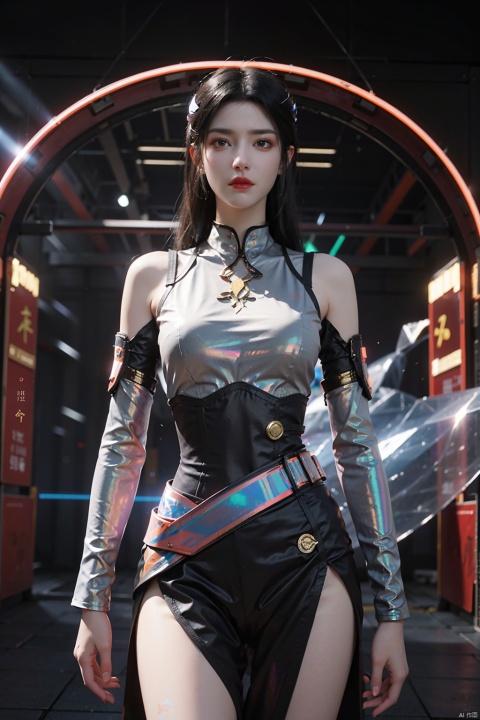 (red blackground:1.5), front view, chinese style, cyber, (waist shot:1.5), (holographic halo:1.5), (holographic projections:1.3), (neon lights:1.5), realistic style with fantasy elements, hight-definition, (big breasts:1.3), shiny skin, Surrealism, detailed clothing, hair ornaments, Traditional Chinese mythology, Mythical characters, Hanfu and mecha, Surrounded by ribbons and rings of fire, Each shows its own powers, high quality, masterpiece, HD,chinese door gods,girl,cyberhanfu