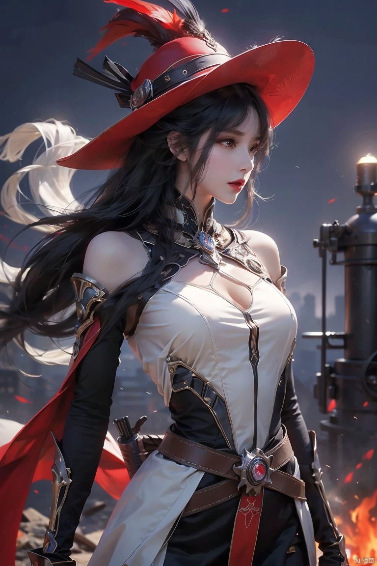  8K resolution, super resolution, sharp focus, grandeur, best quality, masterpiece, fantasy female gunfighter, delicate yet brave and fearless, wearing a deep red leather armor with silver edges, and a hat decorated with phoenix feathers. A wide-brimmed hat, eyes as fierce and firm as a burning furnace. He holds a steampunk-style precision repeating musket in his hand. The gun body is inlaid with gems and wrapped with complex mechanical pipes. A faint smoke is emitting from the muzzle. The background is The ruins of a futuristic steam city full of gears and iron frames, her resolute profile silhouette reflected in the moonlight. She stood on a pile of rubble, with an ammunition belt draped over her left shoulder and a sharp dagger hanging around her waist for close combat. arms., 1girl, xiaowu