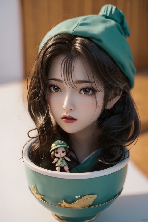  (a small doll with a green triangular hat), (sitting inside a large bowl), cute 3 d render, cute detailed digital art, cute digital art, cute cartoon character, adorable digital painting, cute! c4d, cute character, pop japonisme 3D, (white background), ultra detailed, by Yu Zhiding, 3d model of a japanese mascot, nendoroid 3d, cute forest creature