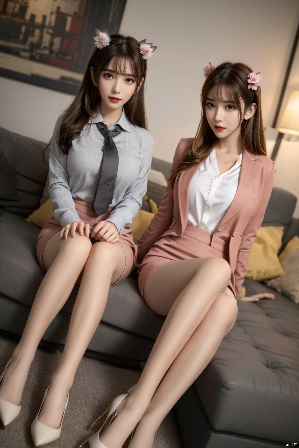  2girls, multiple girls, high heels, brown hair, necktie, sitting, skirt, pantyhose, fake animal ears, shirt, couch, long hair, animal ears, cup, realistic, indoors, office lady, jacket, flower, white footwear, hair flower, pencil skirt, formal, suit, hairband, white shirt, legs, pillow, holding, bag, blurry, collared shirt, cat ears, skirt suit, hair ornament, pink skirt , 1girl,pencil_skirt,yellow_footwear,high_heels,handbag