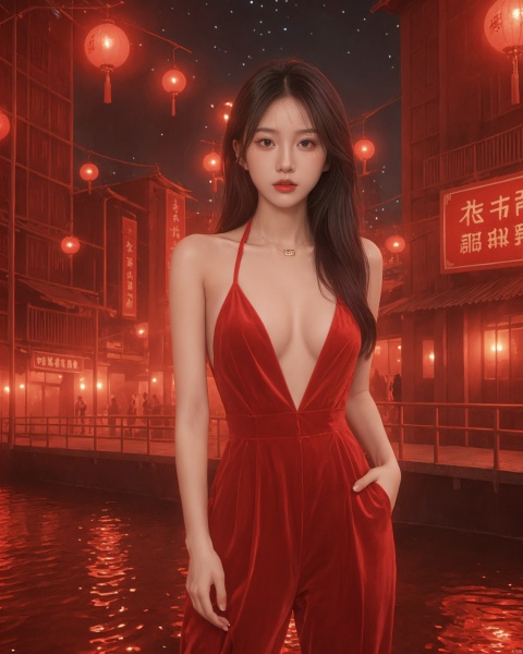  scenery,city,building, cityscape,skyscraper, night,city lights,outdoors,bridge,science fiction, water,chongqing,1girl,long hair, black hair, lips, realistic,Velvet jumpsuit, plunging neckline, heels,large breasts,cleavage, arafed image of a woman,very pretty model, chinese girl, she is korean, lariennechan, 1 8 yo, beautiful asian girl, lovely woman, pretty face, asian decent, slender girl, attractive girl, gorgeous chinese model,photoshop \(medium\), realistic,best quality, high quality, , jastyle, MAJICMIX STYLE,Half body photo, zgirl, fire element, xwhd, Red festive wallpaper