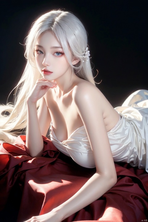  masterpiece, best quality, ultra-detailed, illustration, beautiful art, artistic, realistic, 8k, wallpaper, beautiful, 1girl,lie on side,high resolution, good composition, good art, scenery, cinematic, detailed skin, (oily skin), glossy skin, fine skin, (beautiful dark wine red | milky way white hair), (beautiful hair), (beautiful eyes), hand with five delicate fingers, (perfect anatomy), (correct limb), (realistic),upper body,foreground,dress,naked top,bare legs,shank,bare Naked,shoulder, yuyao, black pantyhose