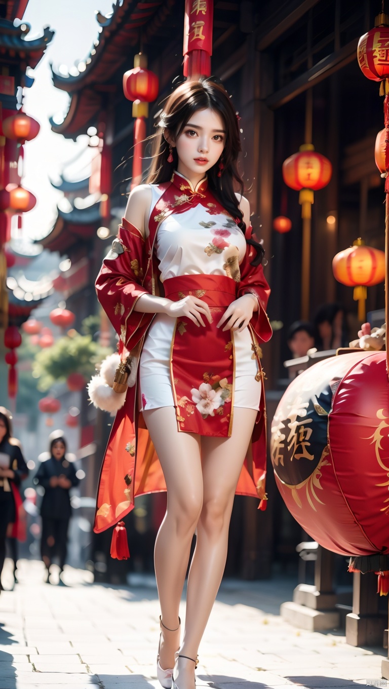  1girl,Chinese New Year,Welcoming Spring Girl,Spring welcome clothing,Hanfu,Chinese knot,Red Theme,White top,Big long legs,Red skirt,The huge mecha building behind it,full body,front,Animal mechs crossing over their feet,Tassel earrings,Looking up,Red leggings,ancient Chinese architecture,Red Lantern,Zhang **** Jie Cai,Full of joy and joy,Spring Festival couplets,Ancient Chinese script,Brown eyes,Clothing printing, Bride in wedding attire,Red wedding dress