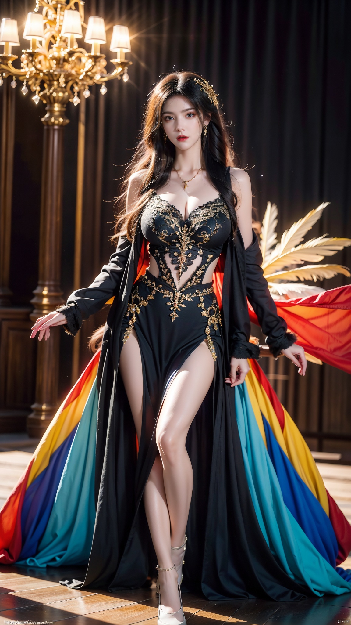  Beautiful woman, well shaped, ample feathers, rainbow colors, gradient colors, feather clothing, complex details, decorations, Baroque, extra long hair, colorful hair colors, wavy, full body, background blurring,(big breasts:1.26),
