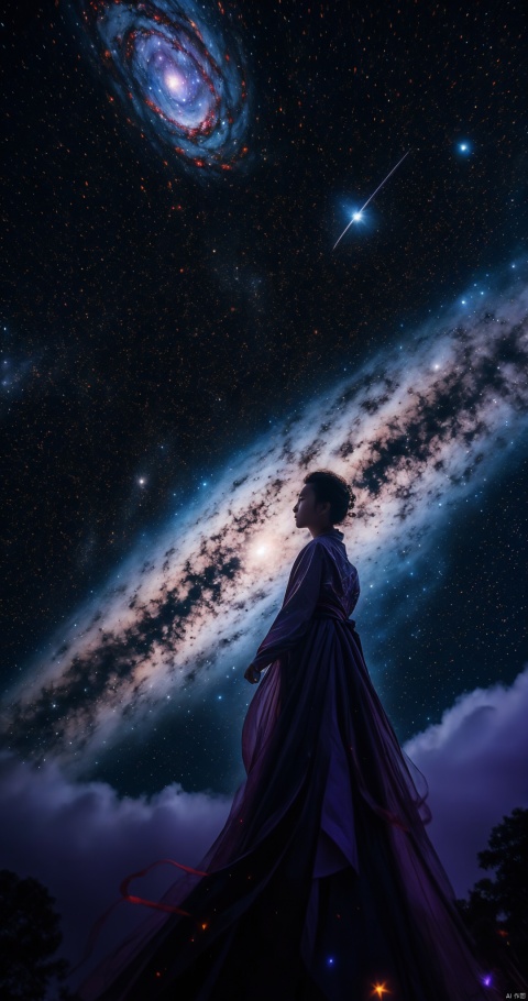  1girl, limuwan,(wide shot:0.95),from_below,black magic,purple theme,(universe in background:1.2),star_(sky),hyper_galaxy,depth_of_field,planet in background,particle effects, JMLong