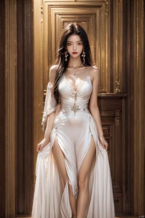 Top of the line CG, highest image quality, masterpiece, exquisite and delicate beautiful girl, (185cm beautiful woman), (tall and slender figure), imperial sister, queen temperament, fair skin, ((long legs)), perfect facial features, bright eyes, seductive posture, red lips, beautiful and cold (big breaks)), beautiful and heroic, soft and long hair, sparkling, lace edge, mesh, visible skin through perspective, wearing glasses, diamond earrings, ruby necklace, (evening dress), 8k image quality, (realistic portrait), characters fill the screen, (Facial lighting), ((Standing), 1girl,moyou