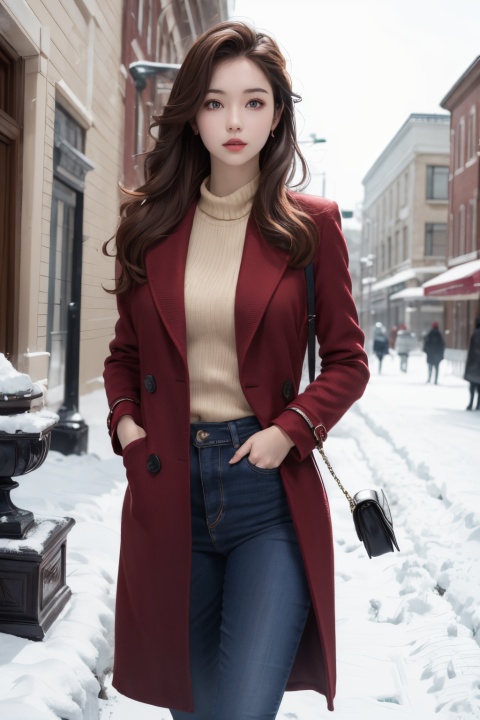  Best Quality, masterpiece, Ultra High Resolution, (photo fidelity: 1.4) , a beautiful girl, wearing thick clothes, red coat, winter, realistic, HD 16K, 1girl