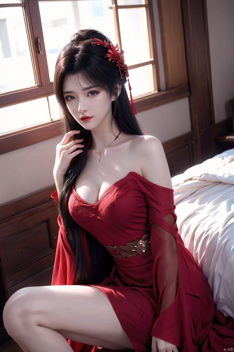  yuanchuangfromtangyuan, 1girl, A beautiful Chinese girl in a red dress poses for a photo,Wearing a bunny girl hair ornament,Beautiful details,Intense light and shadow,A beautiful female body,Willow eyebrows,Meticulous eyes,Flowing skirt,off shoulders,Black collar,Look at the viewer, slim legs, spread_legs, open_legs, sexy,1 girl, yunyun_(yunyun)