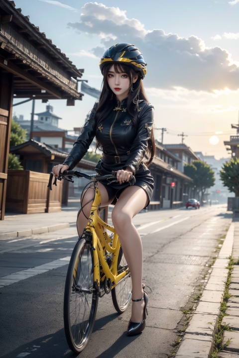  solo, 1girl,outdoors, sky, cloud, helmet, ground,sunset, riding, bicycle, BY MOONCRYPTOWOW,high_heels,yellow_footwear,pencil_skirt,long_hair