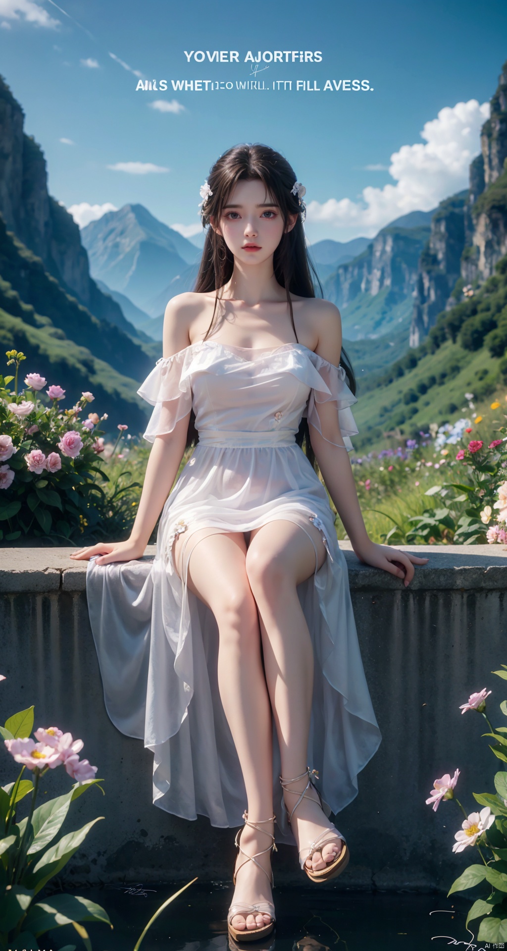  best quality, masterpiece, illustration, (reflection light), incredibly absurdres, ((Movie Poster), (signature:1.3), (English text), 1girl, girl middle of flower, pure sky,clear sky, outside, collarbone, sitting, absurdly long hair, clear boundaries of the cloth, white dress, fantastic scenery, ground of flowers, thousand of flowers, colorful flowers, flowers around her, various flowers,bare shoulders,skirt, sandals,