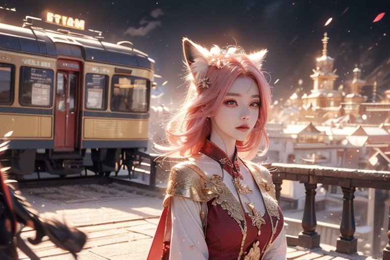  mastetpiece, best quality, incredible details, cinematic ultra wide angle, depth of field, hyper detailed, insane details, hyper realistic, high resolution, cinematic lighting, soft lighting, incredible quality, (Golden train station Background:1.4),c(aerial view,view of city),Golden Brilliance,(1girl in front of a big train:1.5), A big train, in uniform, black and pink and red glowing crystal, crystal pink hair, she is evil but cute, detailed evil eyes, she has a cute canine, glowing crystal wear, dynamic shot,Hair with scenery,yuyao,dress,huliya,fox,fox ears