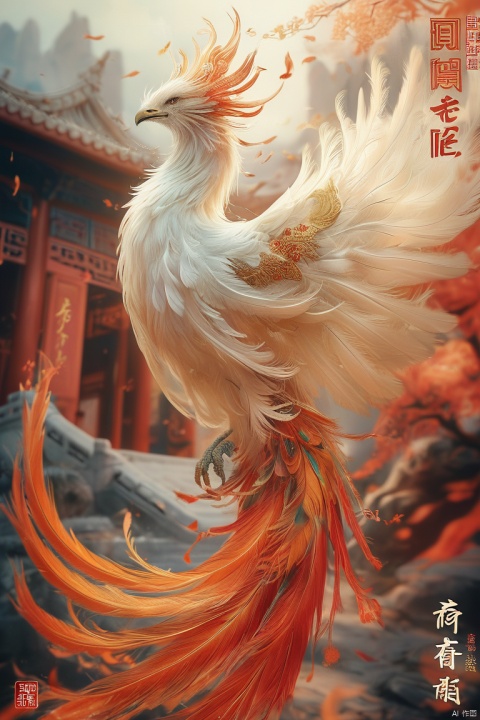 shanhaijing,phoenix,outdoors, no humans, feathers, building, chinese text, animal focus, talons, white feathers