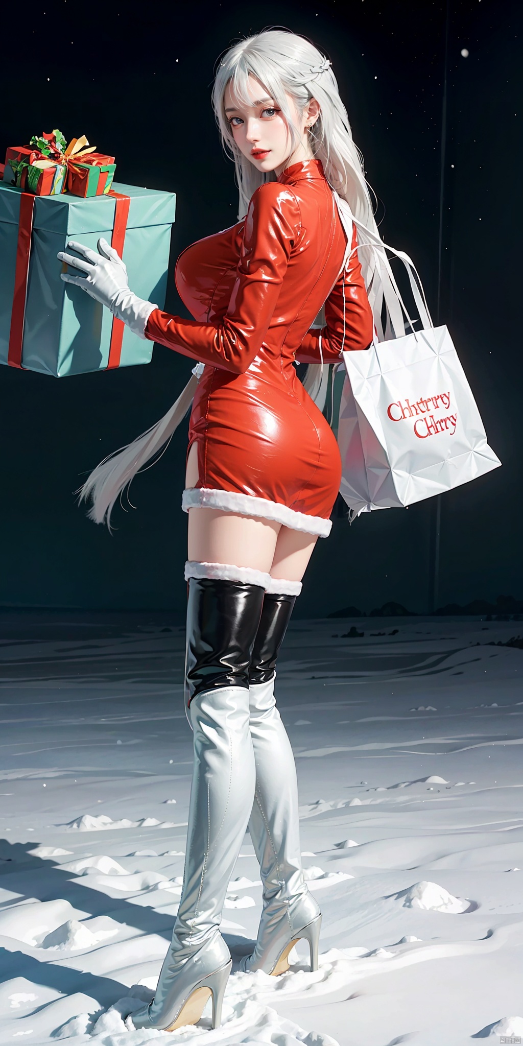  masterpiece,ultimate detail,ultra high definition,ultra detail,cinematic lighting,colorful,depth of field,(looking at viewer),
(scenery,Starry Night,aurora),(snowfall,snow covered ground:1.3),(Christmas:1.5),/./././BREAK././(She's holding a large gift_bag:2),
(1 girl),(full body:1.5),(huge breasts:1.5),(very long silver hair:2),(white hair:2),/./BREAK././(blue eyes:1.5),/./BREAK/./,(festive red Christmas outfit:1.5),(bangs,)
(red high heel thigh boots:1.5),/./././BREAK././(black elbow gloves:1.5)/././, red high heel boots, from side,walking,christmas,red dress,santa costume,striped thighhighs,sssr, head, futuaner