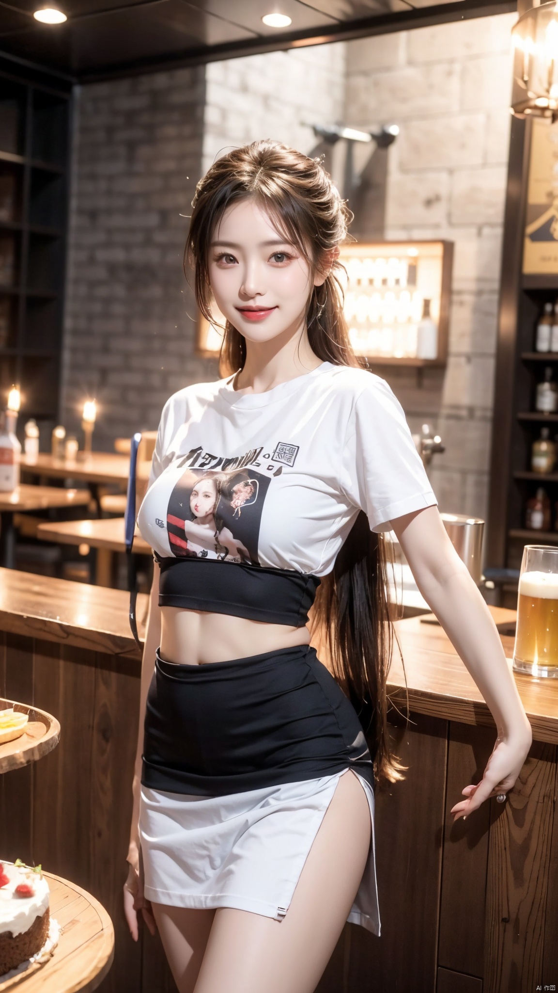  cinematic lighting,long hair,straighthair,巨大**,露出胸,Aplumpfigure:1.2,微胖,蕾丝,粗腿,restaurant,cinematic lighting,t-shirt,skirt,long hair, straight hair,smile,waving,beer,cake, 1 girl