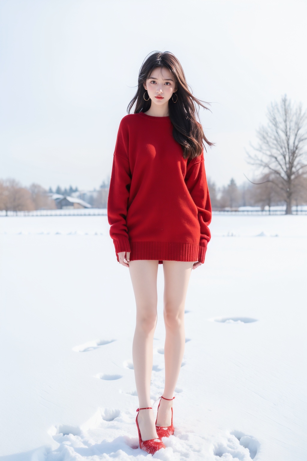  Full-body photos of a girl, red sweater, bare long legs, high heels, winter, realism, HD 16K, snow, winter