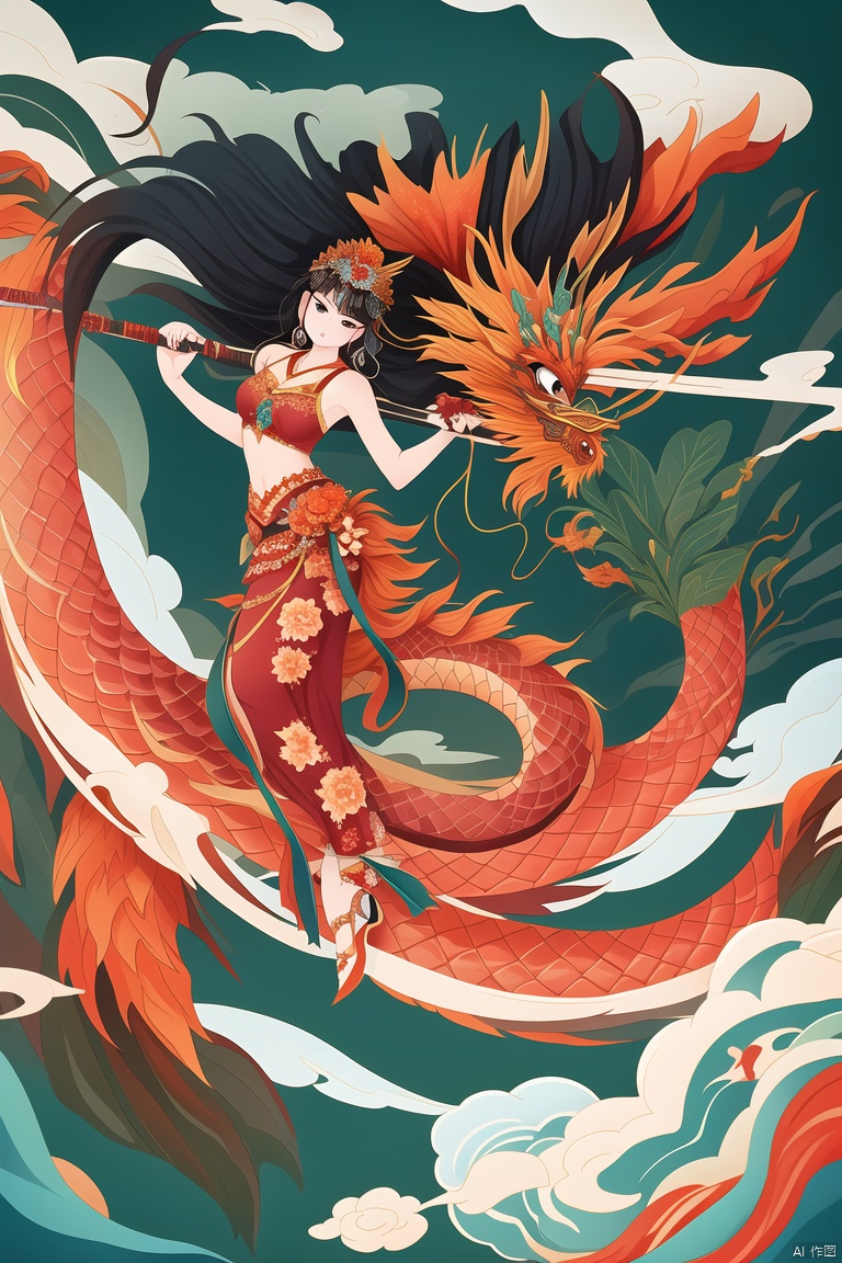  Best quality, masterpiece, ultra high res, 1 girl, beautiful face, detailed skin, gu, dragon, full body, weapon, black hair, holding weapon, blood, arm guards, male focus, looking at viewer, black eyes, tabi, floating hair, full body, orange, hands up