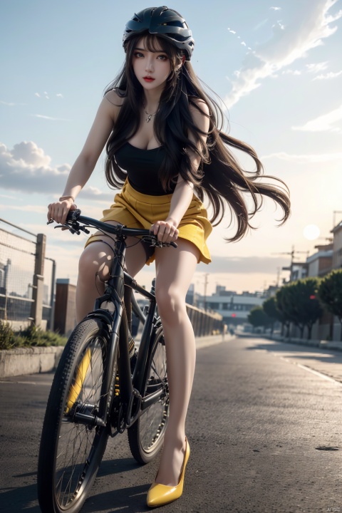  solo, 1girl,outdoors, sky, cloud, helmet, ground,sunset, riding, bicycle, BY MOONCRYPTOWOW,high_heels,yellow_footwear,pencil_skirt,long_hair