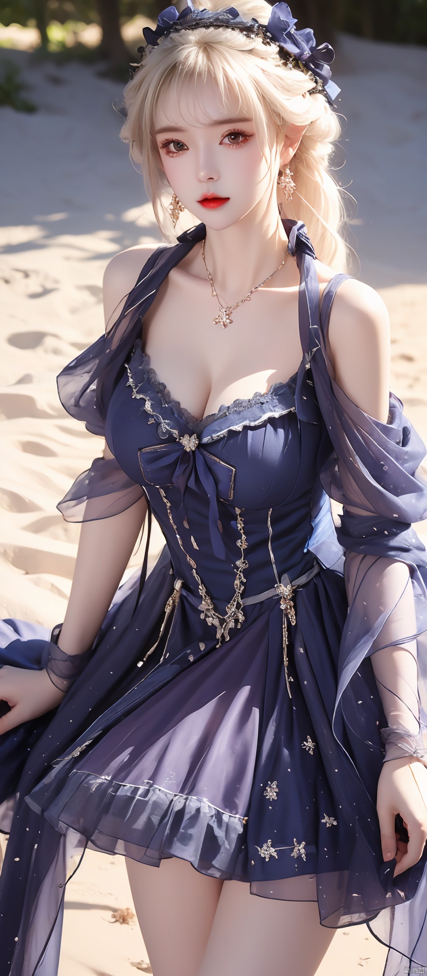  (((1 girl))), (medium breasts:), ((upper body:0.7)), half body photo, female solo, depth of field, blue earrings, blue jewelry, off-shoulder white shirt, black tight skirt, (at beach), blonde hair, photorealistic:1.3, realistic), highly detailed CG unified 8K wallpapers, (((straight from front))), (HQ skin:1.3, shiny skin), 8k uhd, dslr, soft lighting, high quality, film grain, Fujifilm XT3, (professional lighting), nangongwan, red lips,