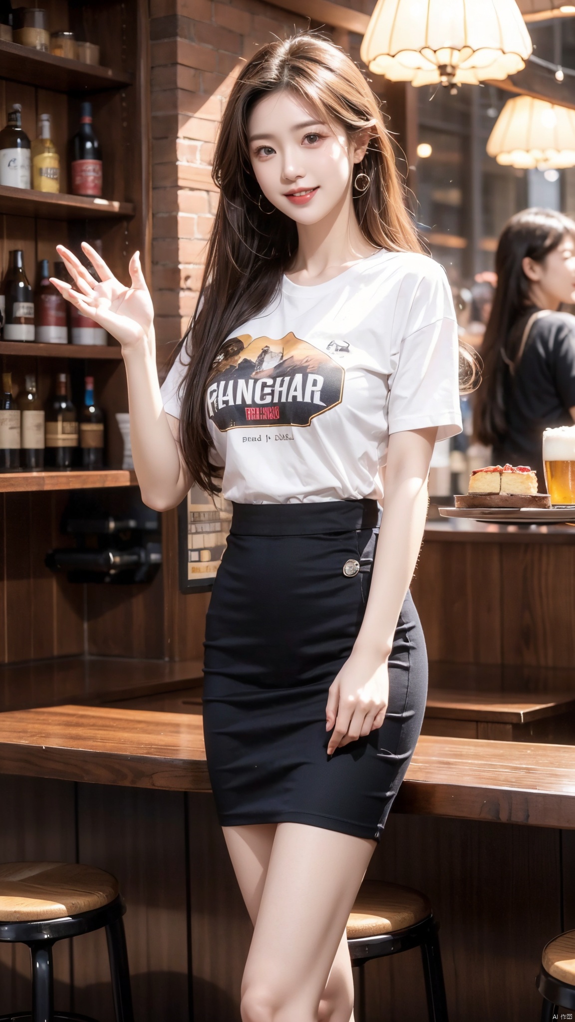  cinematic lighting,long hair,straighthair,巨大**,露出胸,Aplumpfigure:1.2,微胖,蕾丝,粗腿,restaurant,cinematic lighting,t-shirt,skirt,long hair, straight hair,smile,waving,beer,cake, 1 girl